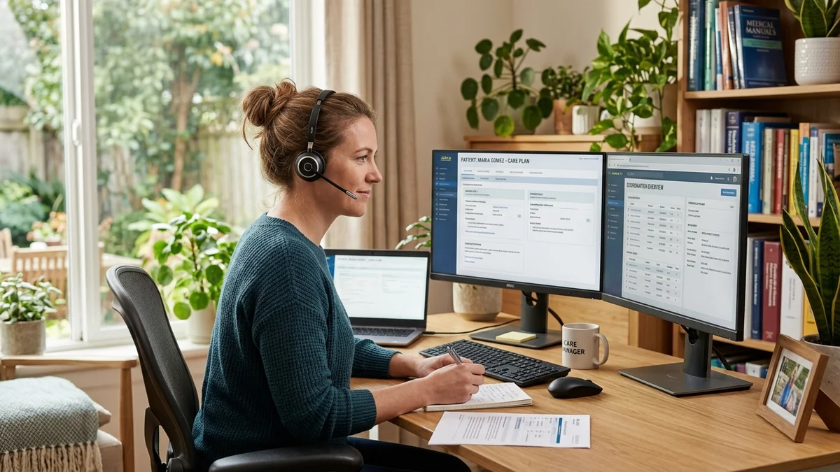 Remote nurse case manager coordinating post-acute patient care plans via dual monitors and VoIP headset