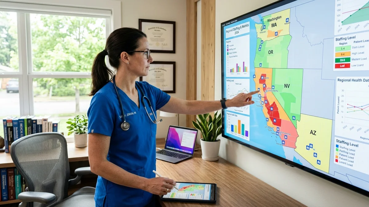 Registered nurse analyzing multi-state eNLC licensure map and telemedicine coverage on widescreen monitor