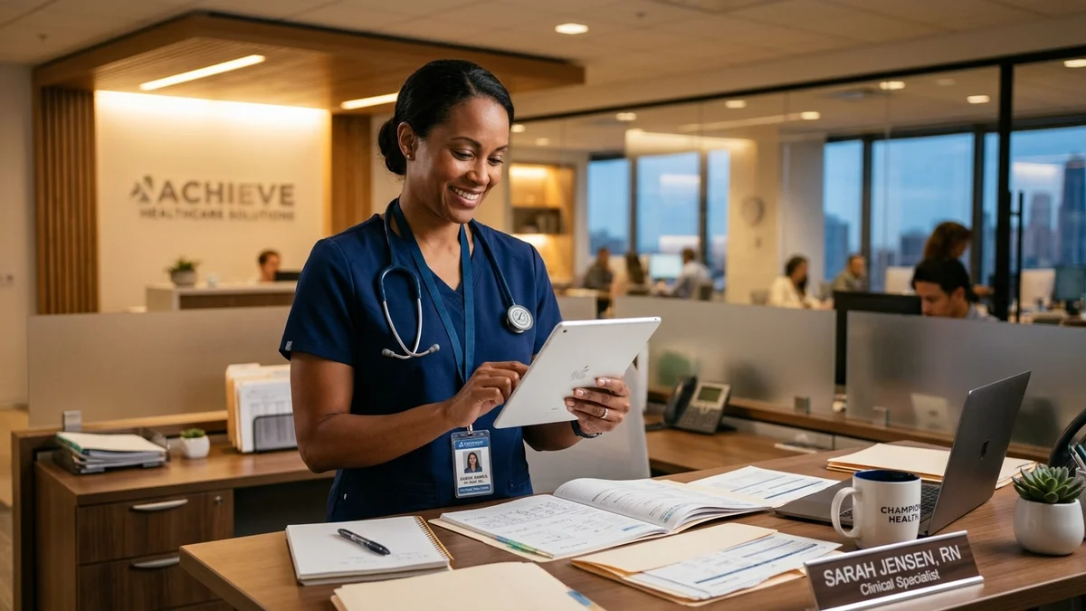 Registered nurse clinical specialist consulting in modern corporate healthcare office