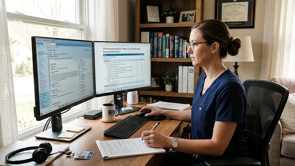 Utilization review nurse analyzing medical necessity clinical documentation against MCG criteria